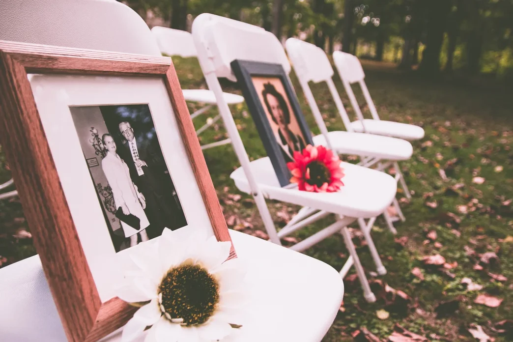 chairs with images of deceased on