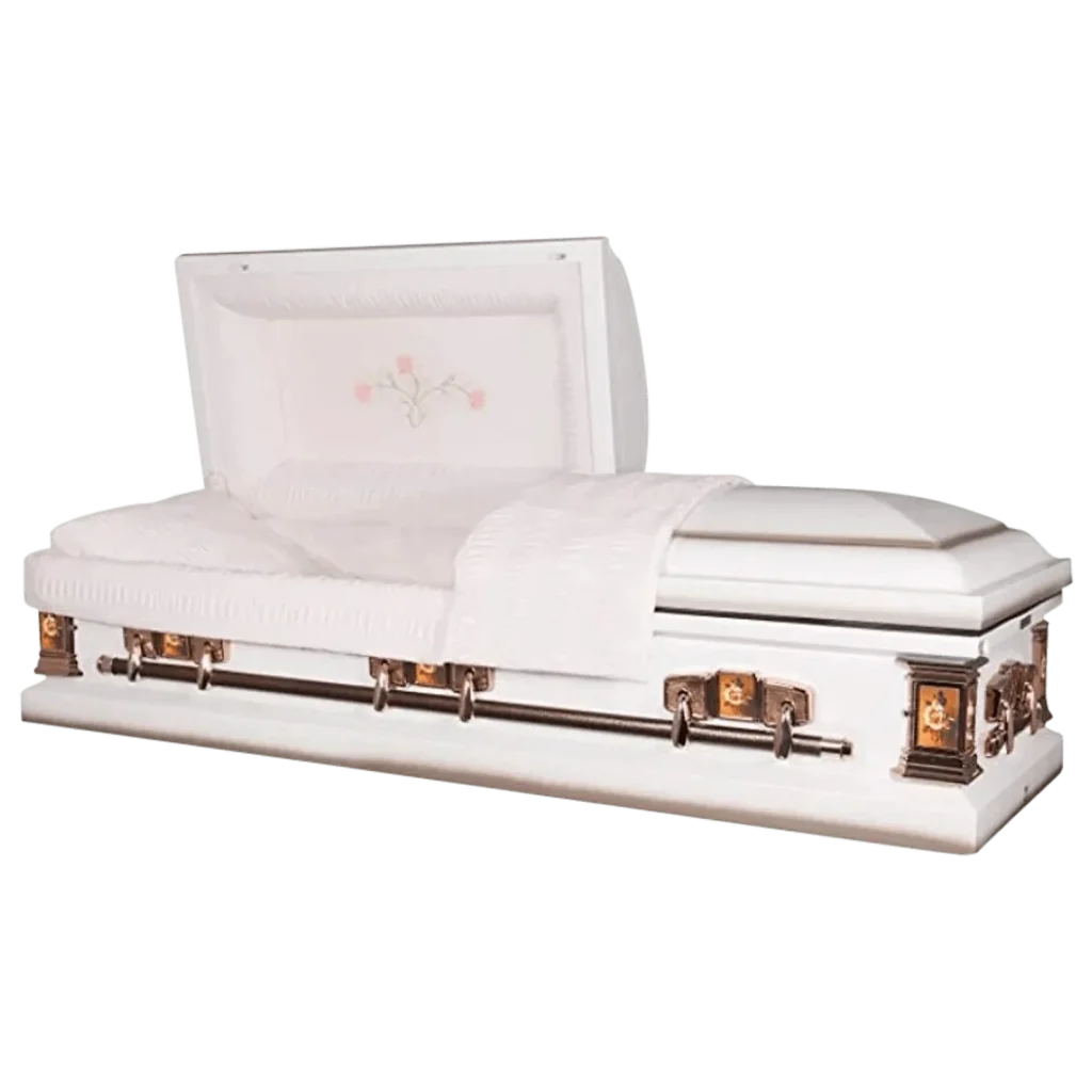 white and rose print funeral coffin