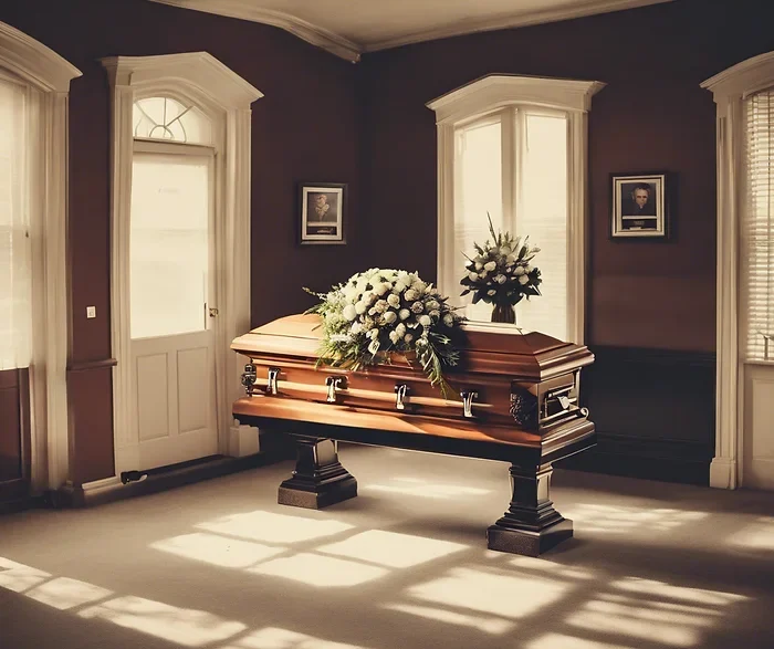 coffin in a room at a wake