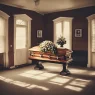 coffin in a room at a wake