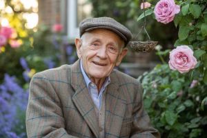 grandpa sitting in a garden with lots of bright flowers