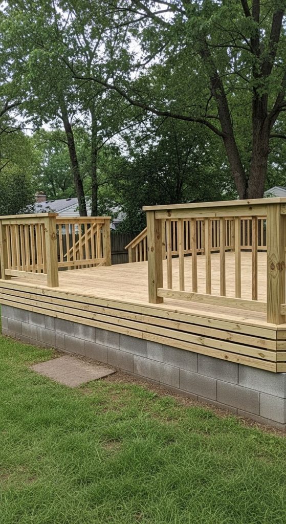 cinder blocks and wooden slats as deck skirting 