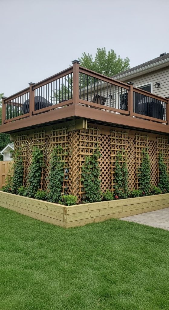 Trellis with climbing plants as deck skirting 