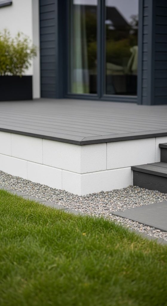 White painted concrete blocks used as deck skirting 
