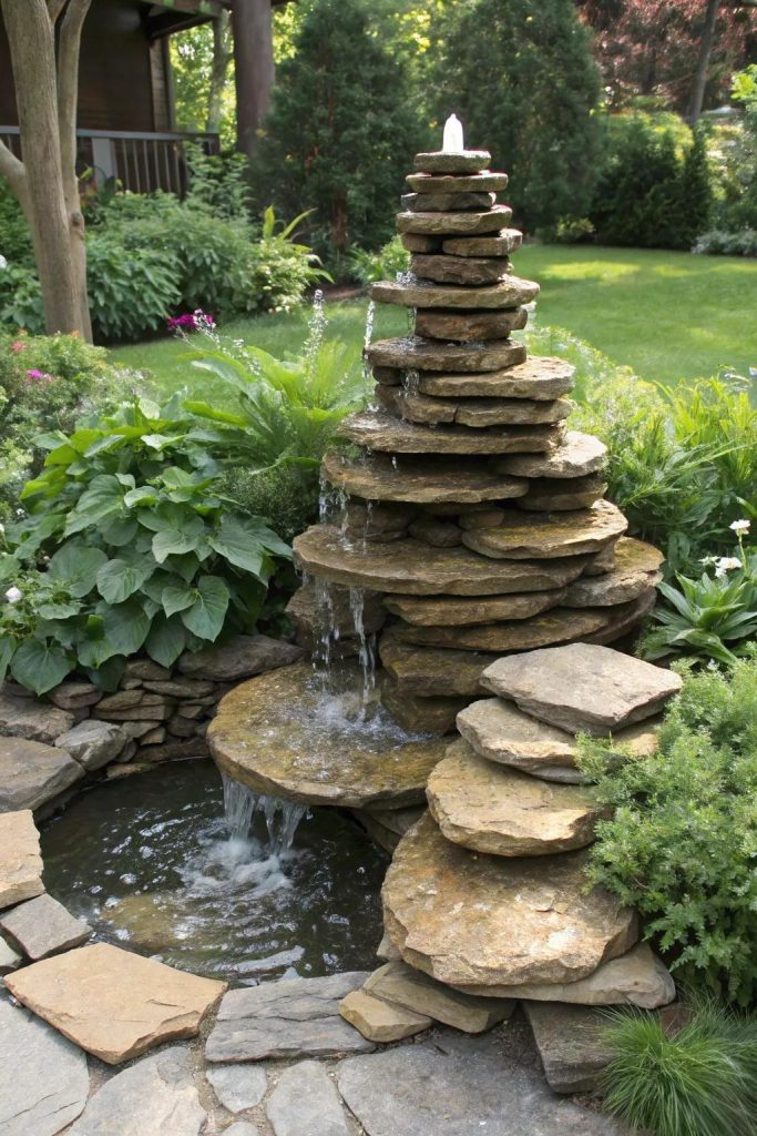 flat rock water feature in garden