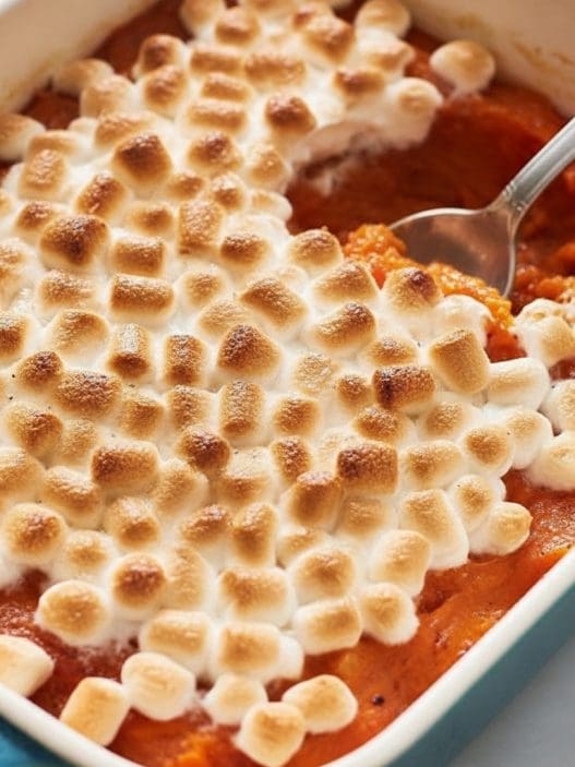 sweet christmas potatoes in a blue cooking dish