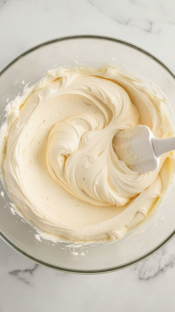 Buttercream mixture in a glass bowl