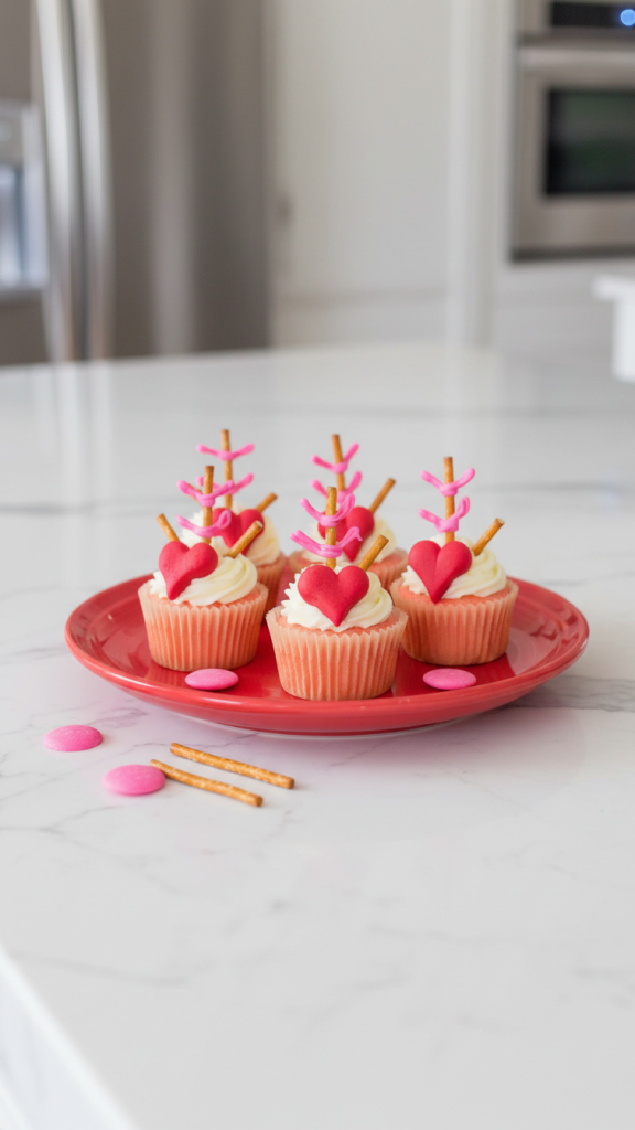 Completed Cupid Arrow Cupcakes on a red plate on white kitchen island