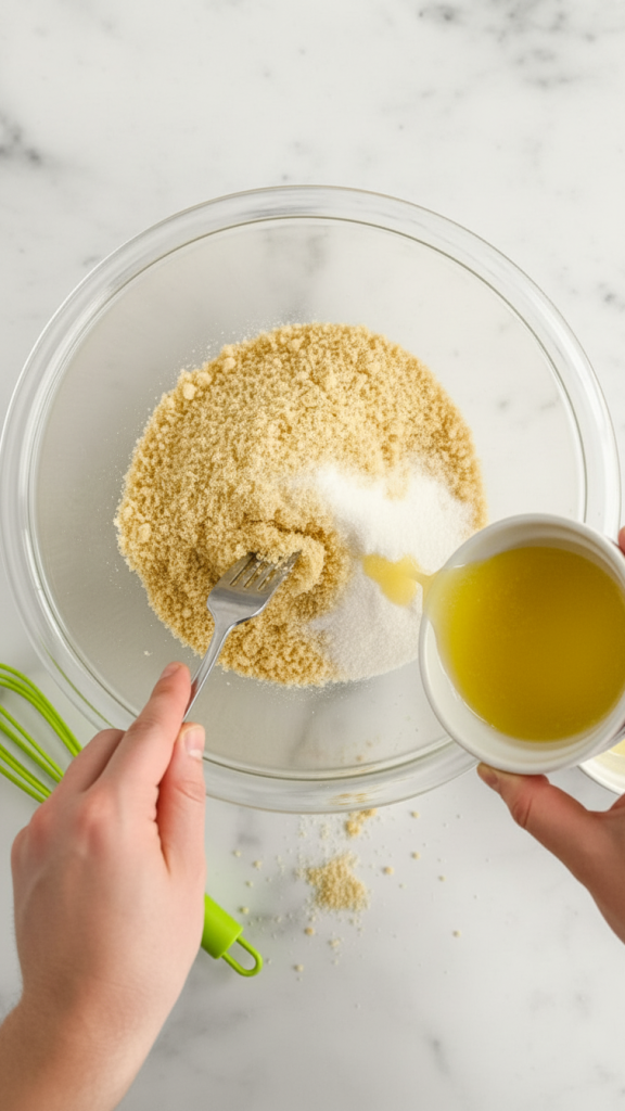 dry ingredients in a glass mixing bowl for cheesecake bites