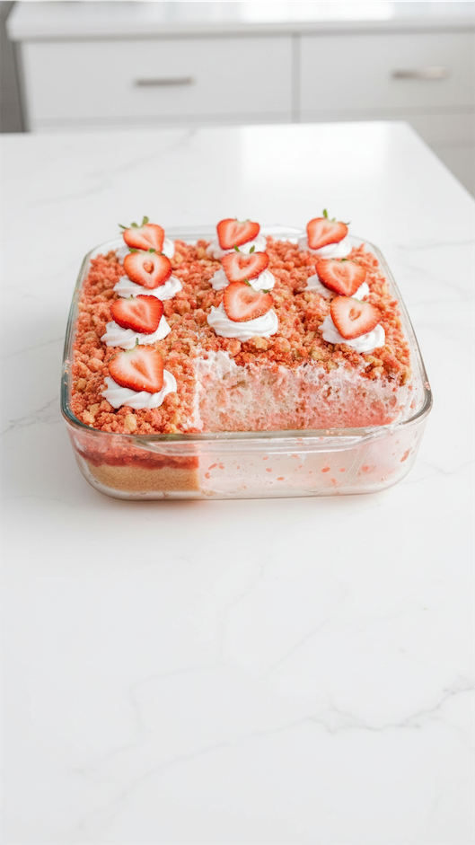 Strawberry Crunch Poke Cake  in a glass baking tray
