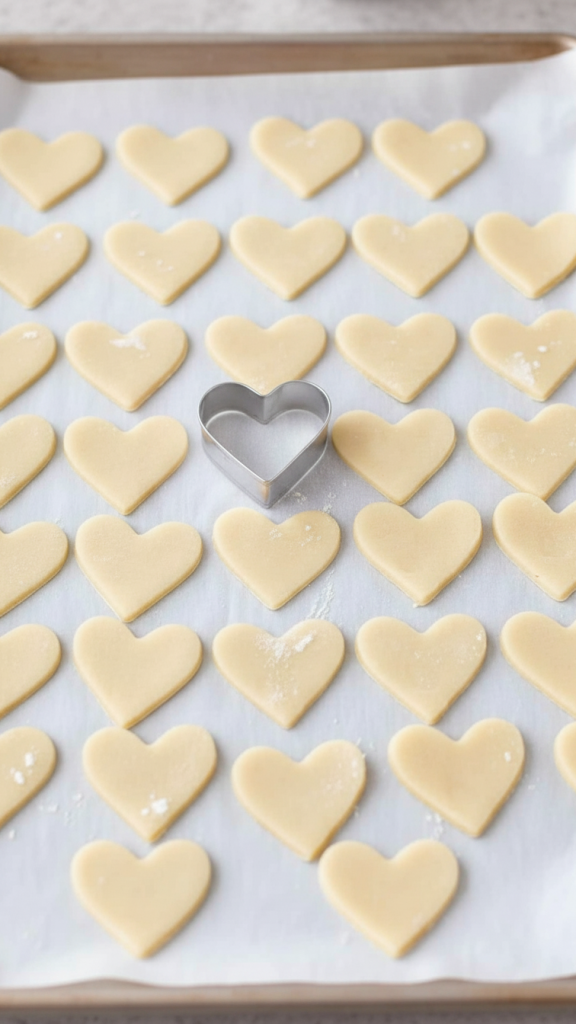 Mini Heart Shaped Cookies on a baking tray cut and ready to go in the oven