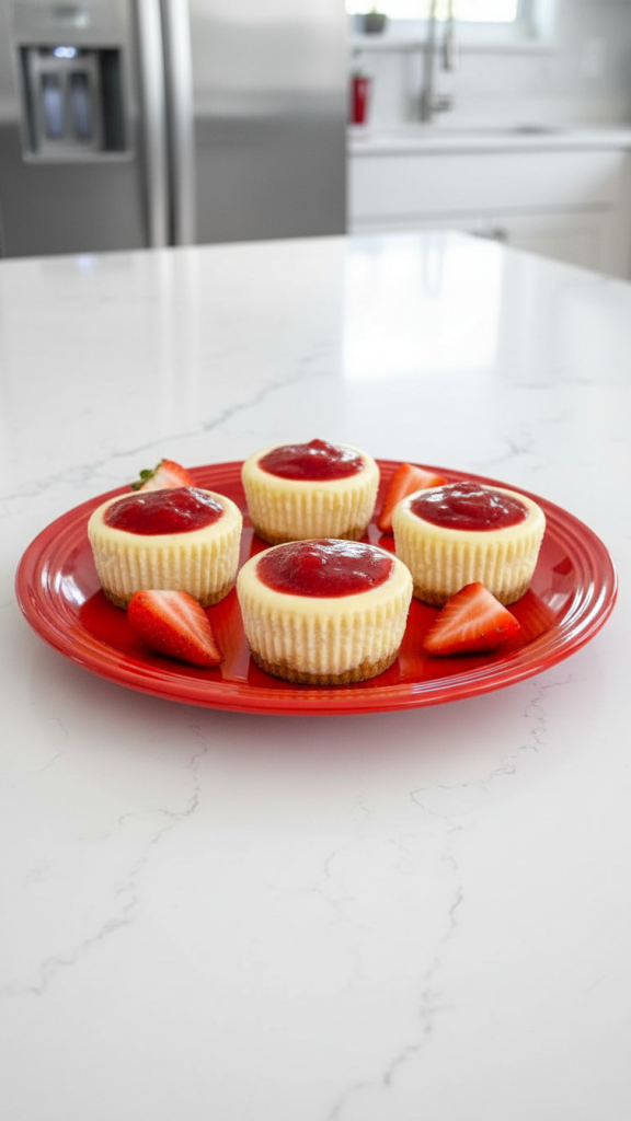 Mini Strawberry Cheesecake Bites on a red plate