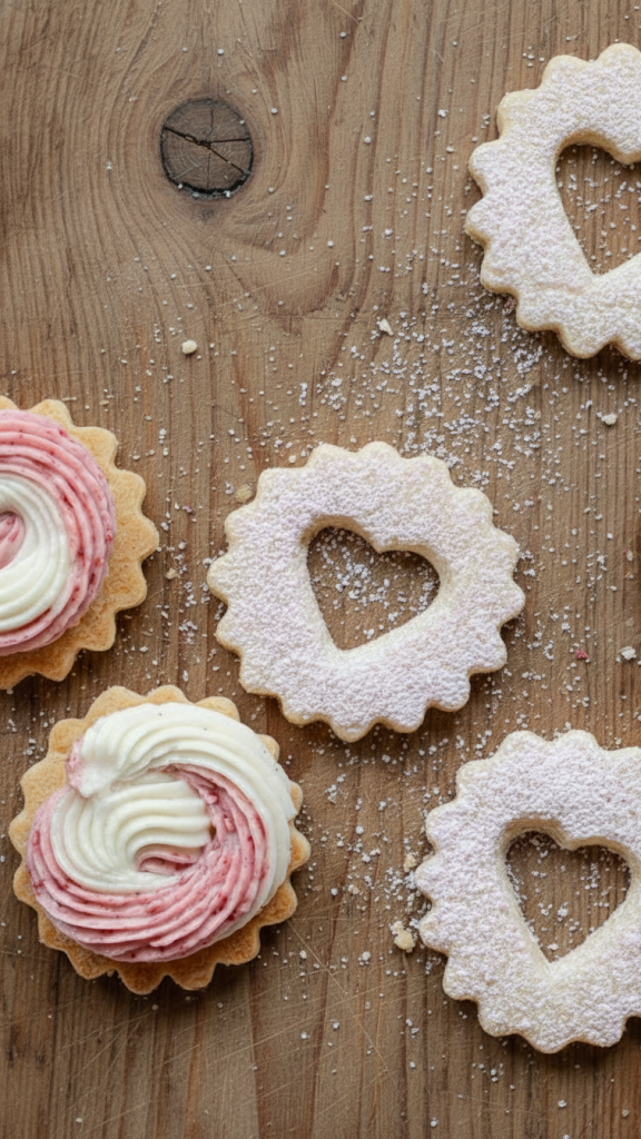 valentine's linzer cookies some with buttercream on a brown wooden board