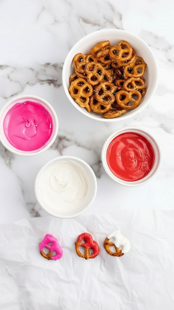 pretzels dipped in candy sauce to make Valentine’s Day Pretzels
