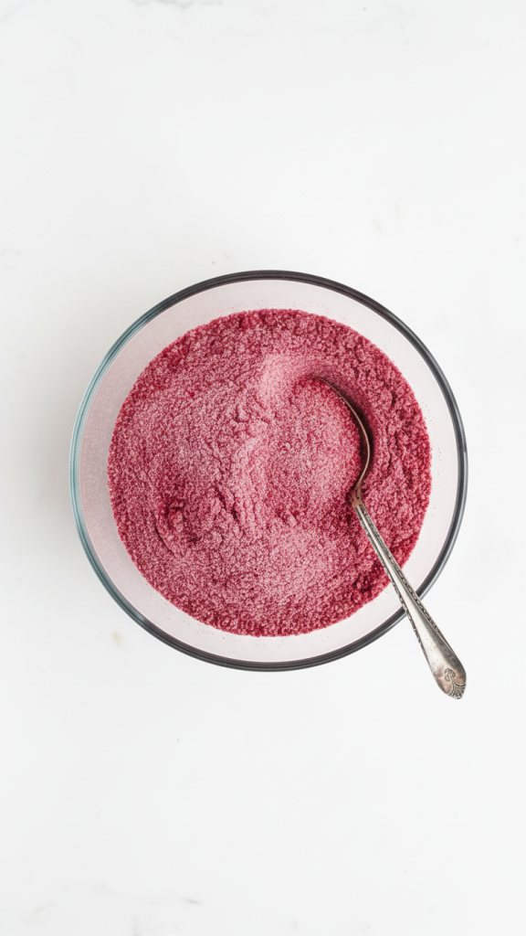 blended raspberries and sugar in a bowl.