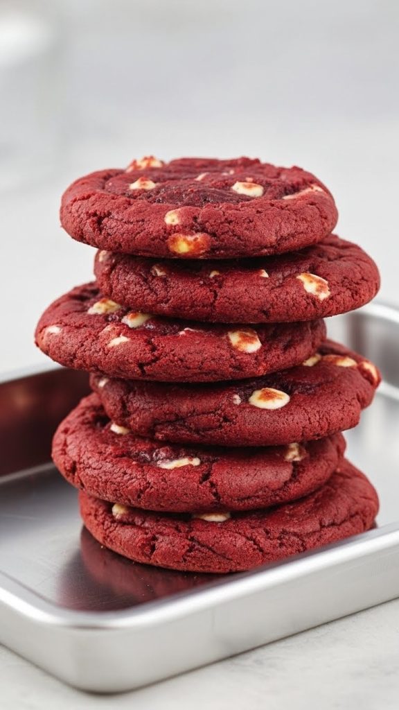 red velvet cookies in a metal baking tray