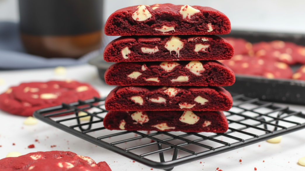 red velvet cookies on wire tray