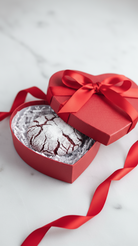 Red Velvet Crinkle Cookie in a red valentine's day box
