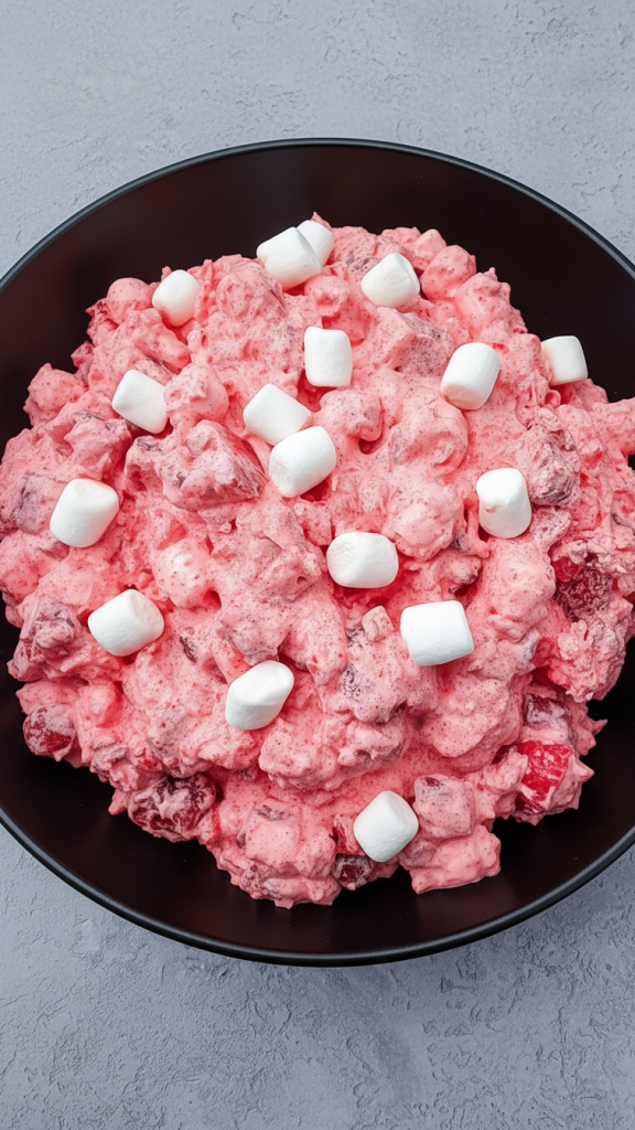 Strawberry Fluff Salad served in a black bowl