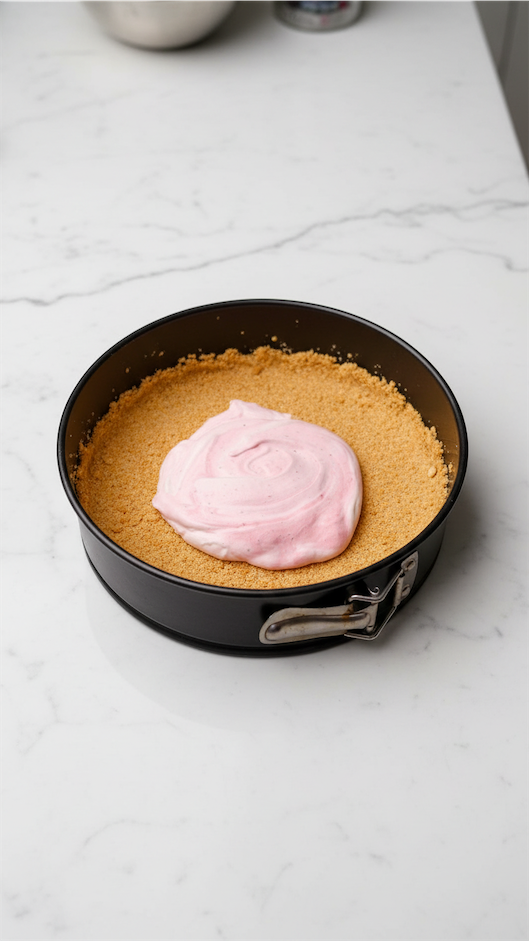 crust in black spring pan with strawberry cream topping