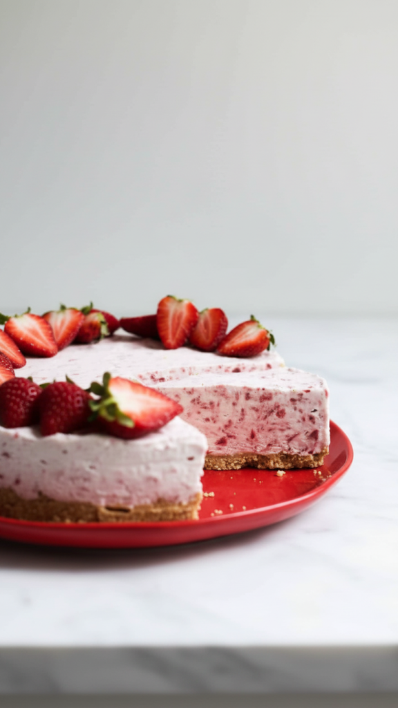 Strawberry Icebox Pie large on red plate with strawberries on top