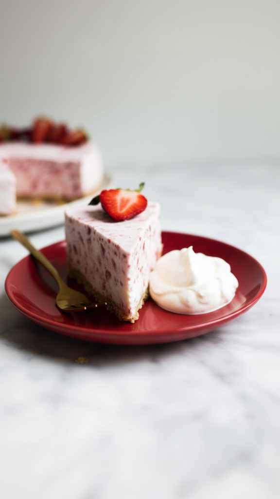 Strawberry Icebox Pie on red plate