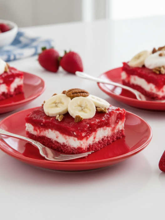 strawberry jello on red plates