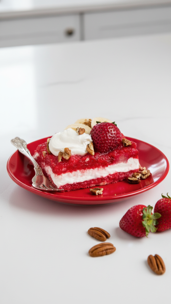 Strawberry Jello Salad on a red plate