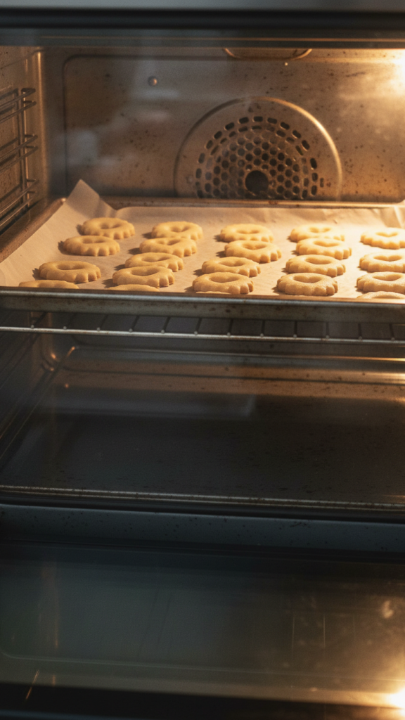 valentine's linzer cookies in the oven baking