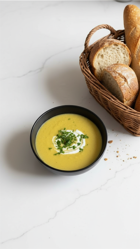 Curried Parsnip and Apple Soup above view on white counter