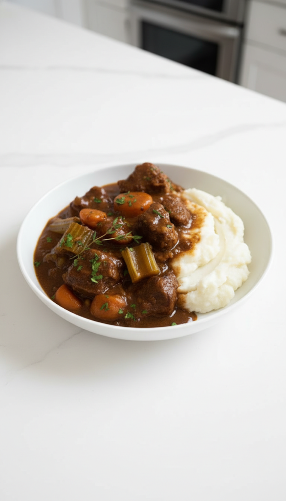 Irish Beef and Guinness Stew in a white bowl