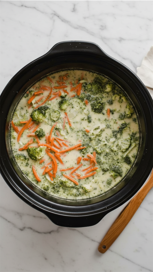 Cheese and Broccoli Soup thickened and ready to simmer