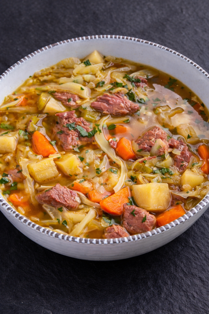 Corned Beef and Cabbage Soup in white bowl