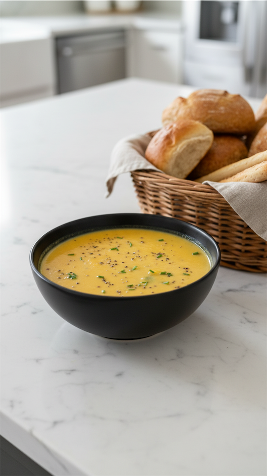 Carrot Parsnip Ginger Lime Soup in a black bowl next to bread basket