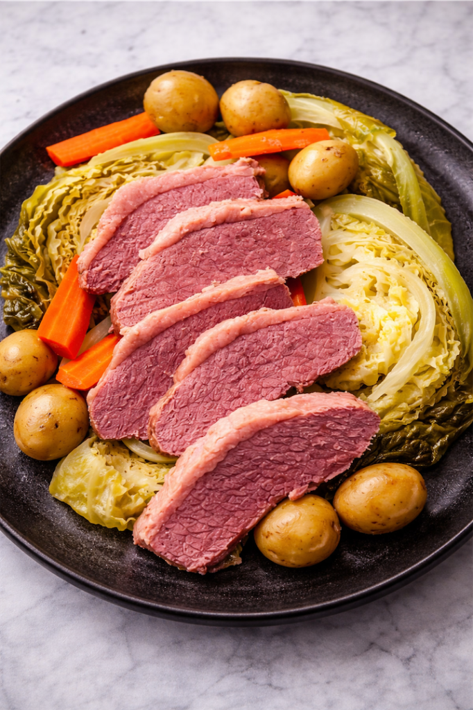 Corned Beef and Cabbage Recipe on Stovetop served on black plate