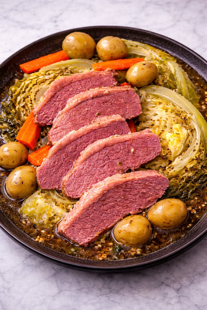 Corned Beef and Cabbage with Guinness served on plate with broth