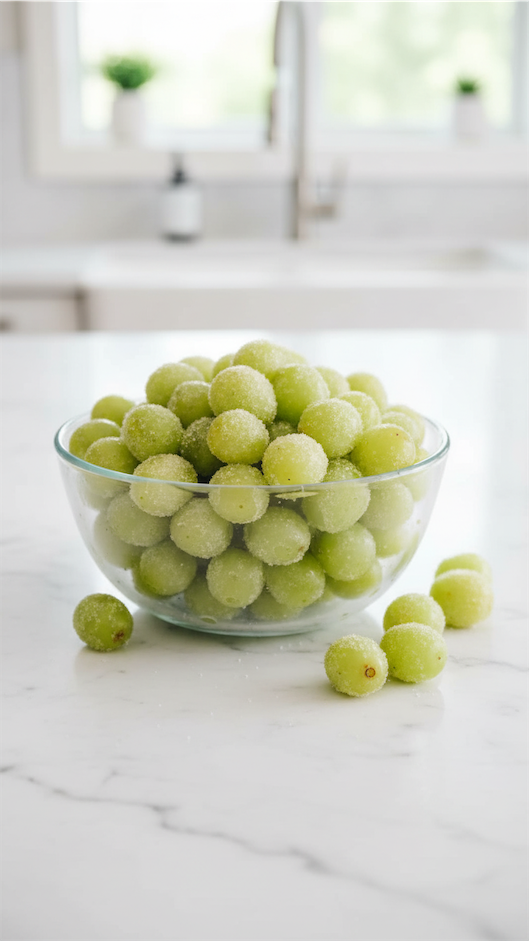 frozen candy grapes in a glass bowl