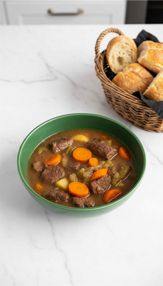 Irish Beef Stew Crockpot served in a green bowl with rustic bread