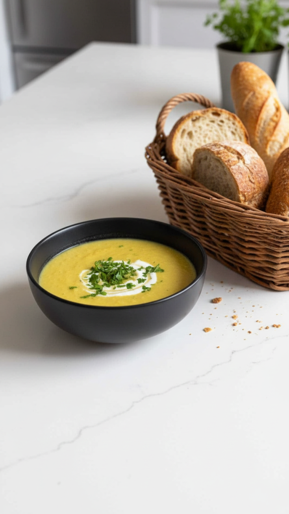 Curried Parsnip and Apple Soup toped and garnished