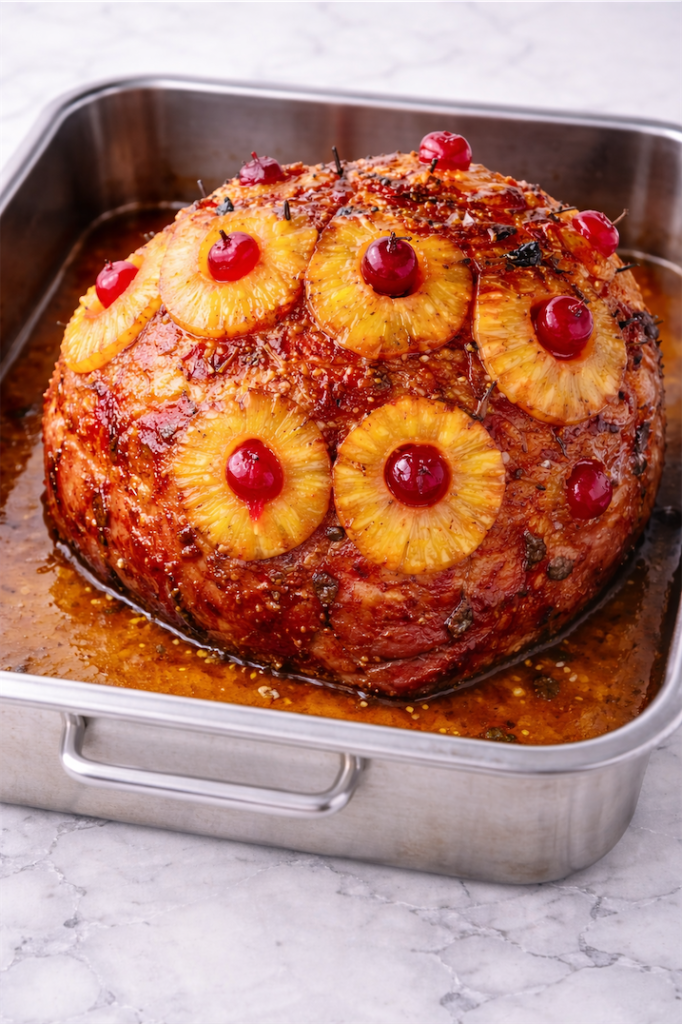 Ham with Pineapple and Brown Sugar Glaze baked in silver tray