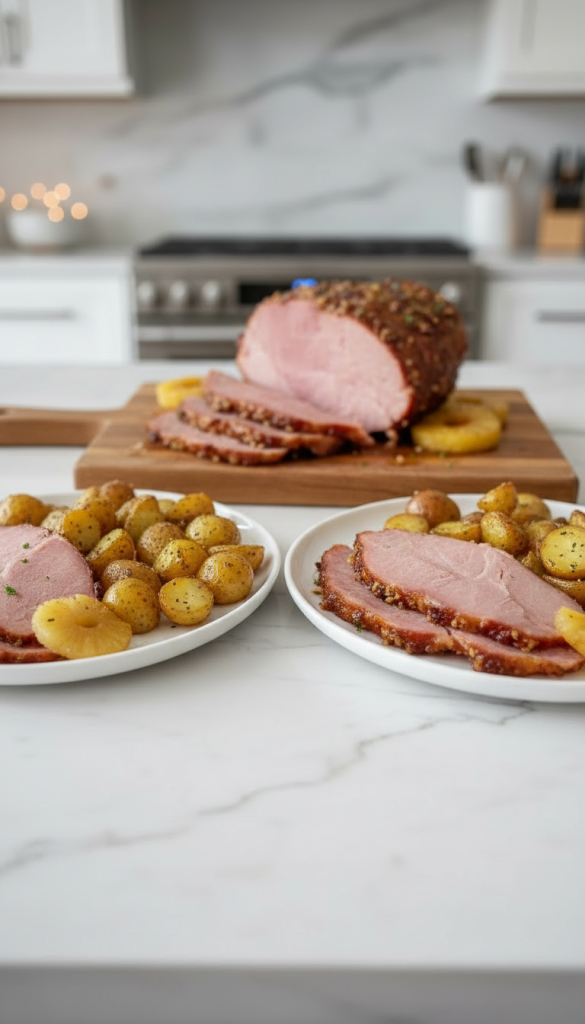 Honey Pineapple Glazed Ham served on plates with potatoes