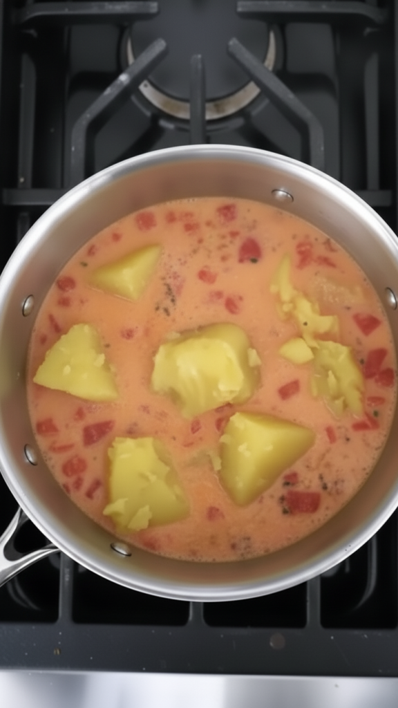 base of Soup on stove with potatoes added