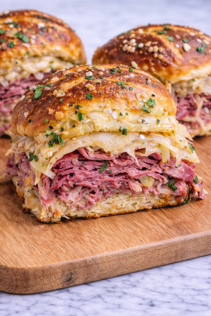 Reuben Pretzel Roll Sliders on wooden board