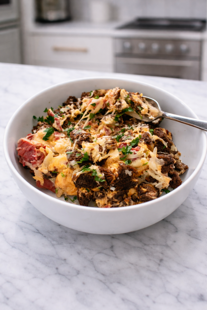 Reuben Casserole in white bowl