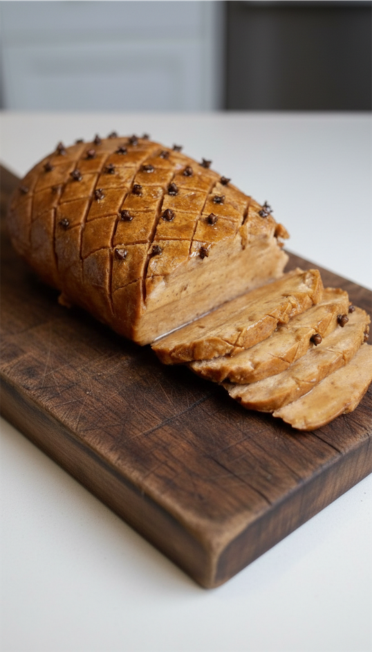 Seitan Vegan Ham being cut and served on rustic chopping board
