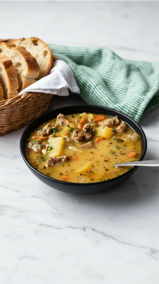 Dairy-Free Sausage and Potato Soup in a black bowl
