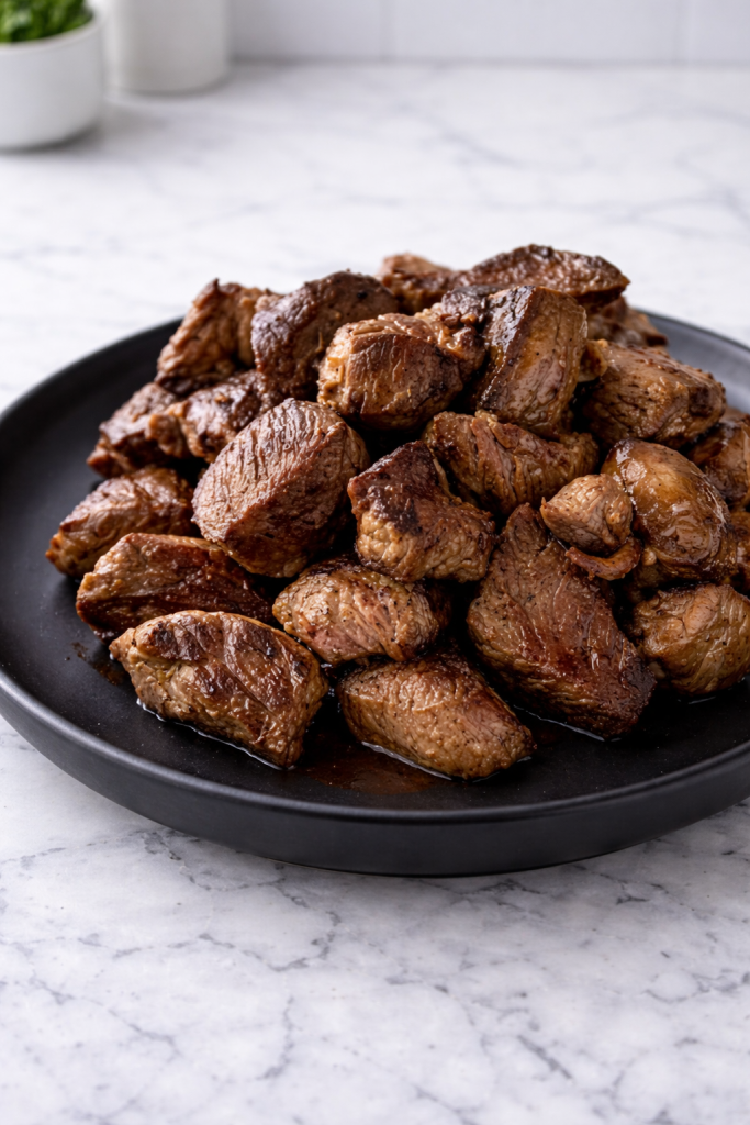 beef resting on a black plate