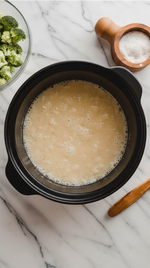 stock added to onions and butter