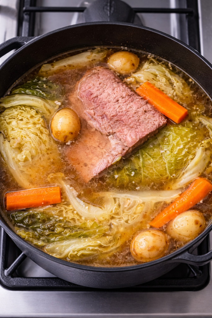 Corned Beef and Cabbage Recipe on Stovetop in liquid