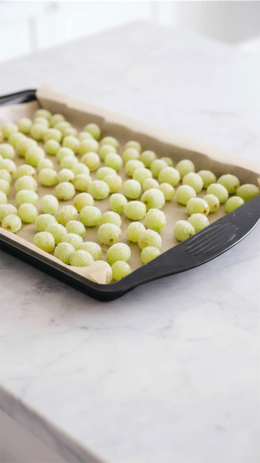 grapes coated in sugar ready to go in freezer for Candy Grapes Recipe